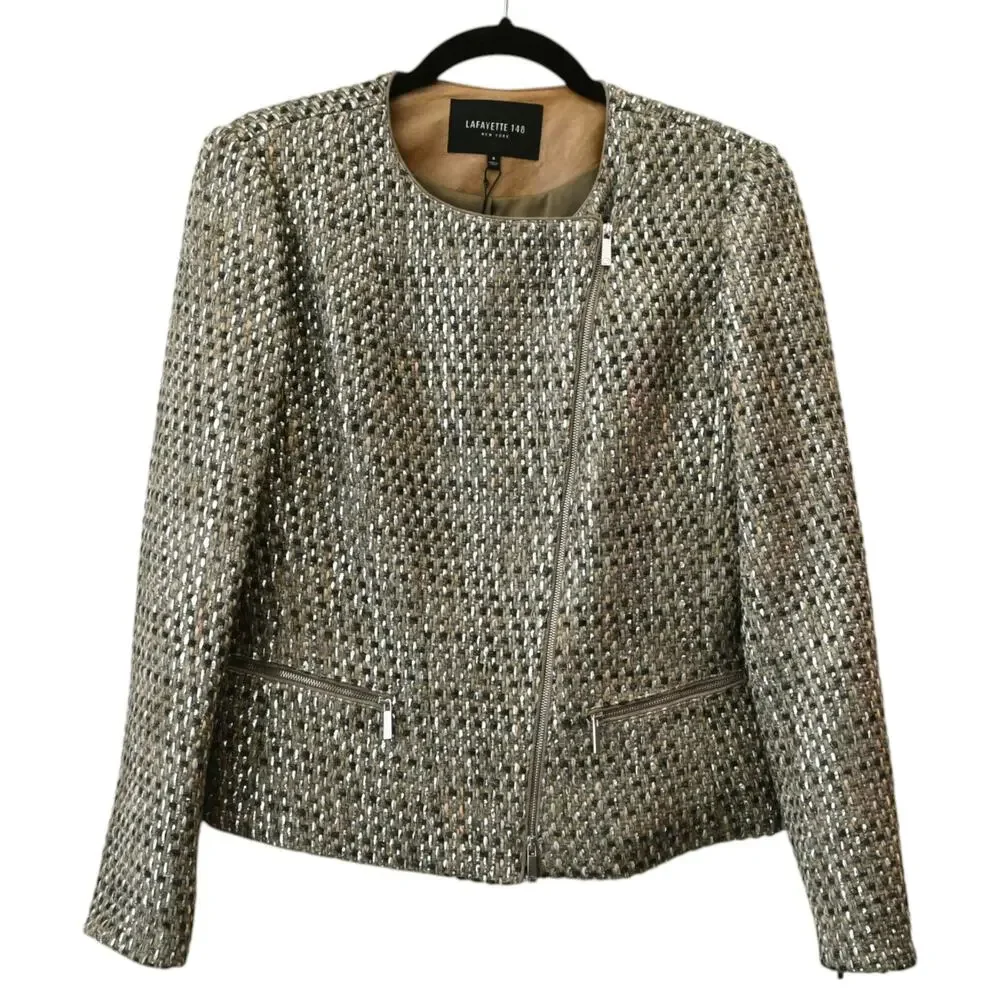 Lafayette 148 Sahara Multicolor Trista Metallic Tweed Zip Jacket Size 4